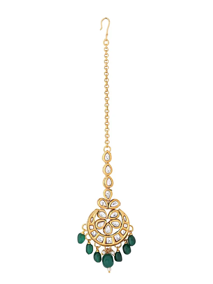 Yellow Chimes Earrings Yellow Chimes Maang Tikka for Women Gold Toned Kundan Studded Green Pearl Drop Designed Chandbali Maang Tikka for Women and Girls