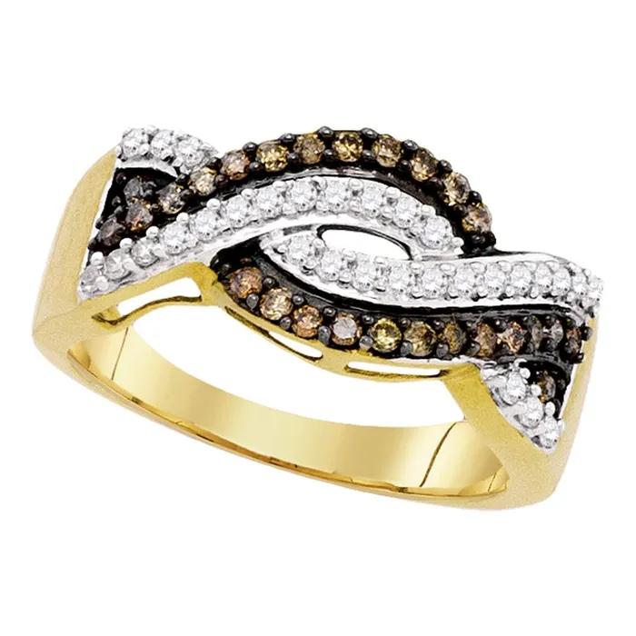 mayamila Rings 10kt Yellow Gold Womens Round Cognacbrown Color Enhanced Diamond Crossover Band Ring 12 Cttw