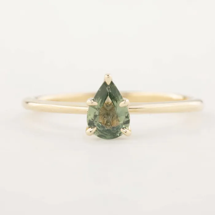 Sara Ring Unheated Green Teardrop Sapphire One of a kind Envero Jewelry Rings