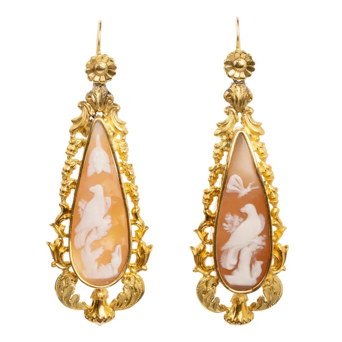 Bell Bird Antiques Earrings Victorian Gilded Cameo Shell Earrings