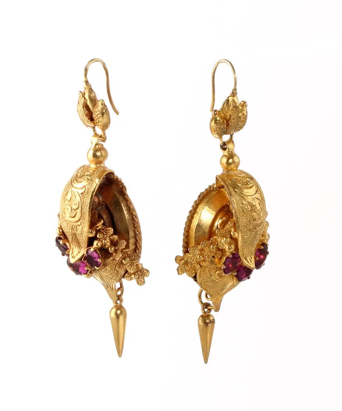 Earrings Victorian Pinchbeck Repousse Earrings Bell Bird Antiques