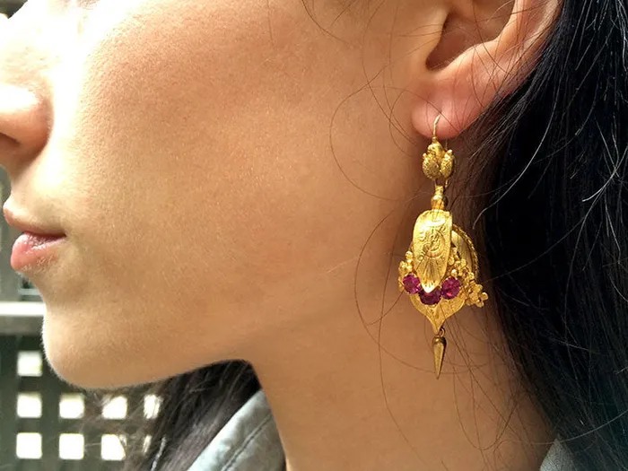 Earrings Victorian Pinchbeck Repousse Earrings Bell Bird Antiques