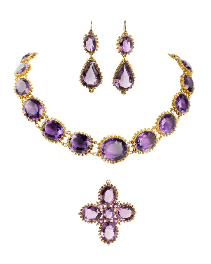 Necklaces Bell Bird Antiques Early Victorian Era Amethyst DemiParure