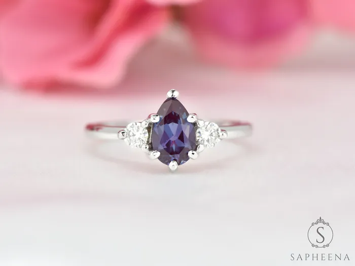 Rings Three Stone Alexandrite with Diamond Engagement Ring June Birthstone Ring Sapheena Jewelry