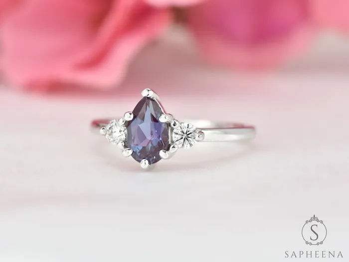 Rings Three Stone Alexandrite with Diamond Engagement Ring June Birthstone Ring Sapheena Jewelry