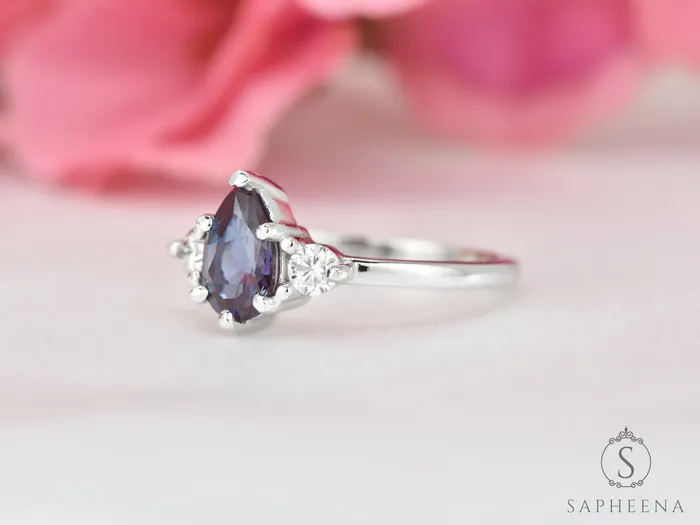 Rings Three Stone Alexandrite with Diamond Engagement Ring June Birthstone Ring Sapheena Jewelry