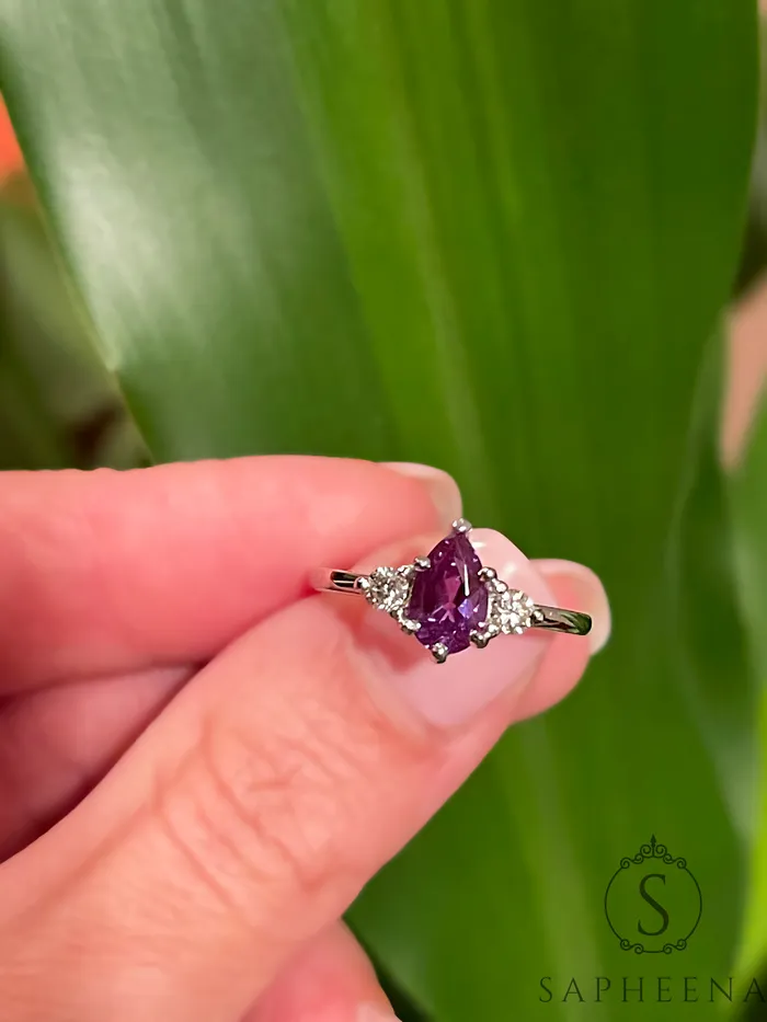 Rings Three Stone Alexandrite with Diamond Engagement Ring June Birthstone Ring Sapheena Jewelry