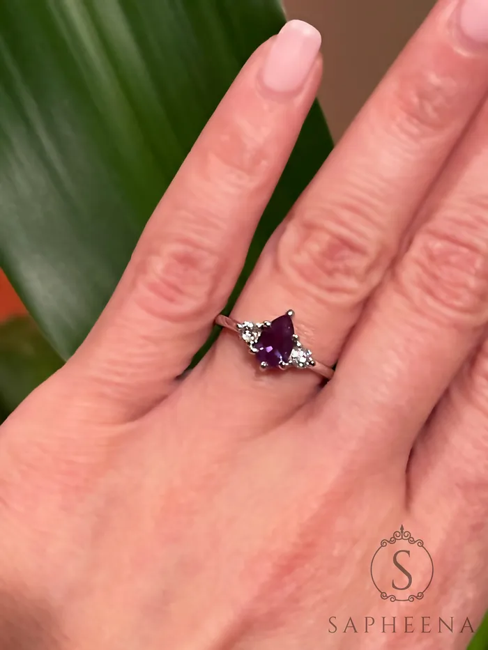 Rings Three Stone Alexandrite with Diamond Engagement Ring June Birthstone Ring Sapheena Jewelry