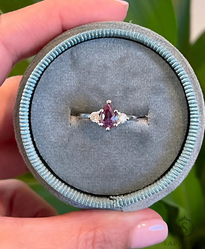 Rings Three Stone Alexandrite with Diamond Engagement Ring June Birthstone Ring Sapheena Jewelry