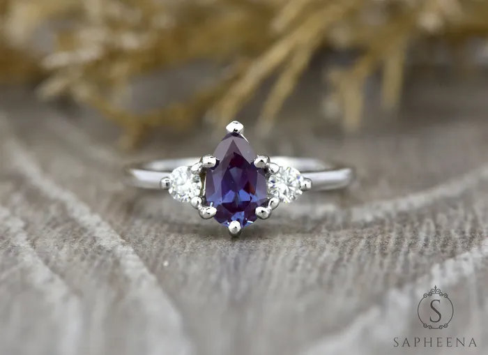 Rings Three Stone Alexandrite with Diamond Engagement Ring June Birthstone Ring Sapheena Jewelry
