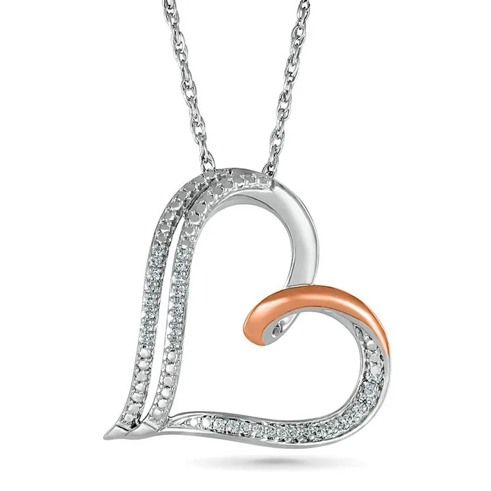 007 CT TW Natural Diamond Double Row Heart Pendant in Sterling Silver and 10K Rose Gold Goldia Necklaces 007 CT TW Natural Diamond Double Row Heart Pendant in Sterling Silver and 10K Rose Gold Goldia Necklaces