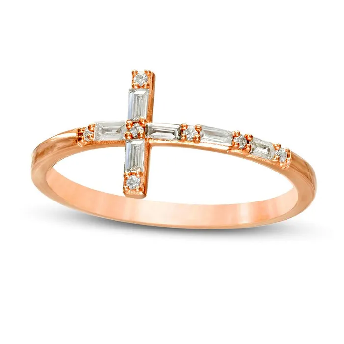 017 CT TW Baguette and Round Natural Diamond Sideways Cross Ring in Solid 10K Rose Gold Goldia Rings 017 CT TW Baguette and Round Natural Diamond Sideways Cross Ring in Solid 10K Rose Gold Goldia Rings
