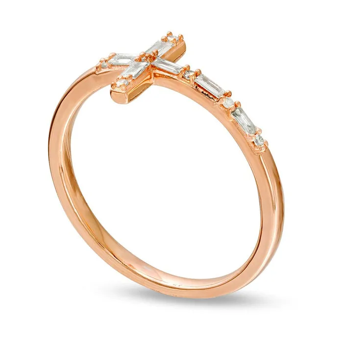 017 CT TW Baguette and Round Natural Diamond Sideways Cross Ring in Solid 10K Rose Gold Goldia Rings