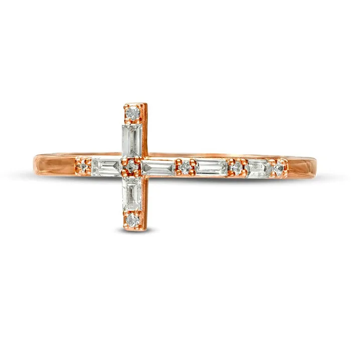 017 CT TW Baguette and Round Natural Diamond Sideways Cross Ring in Solid 10K Rose Gold Goldia Rings
