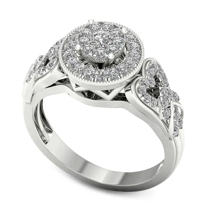 050 CT TW Natural Diamond Double Frame HeartSides Antique VintageStyle Engagement Ring in Solid 14K White Gold Goldia Rings