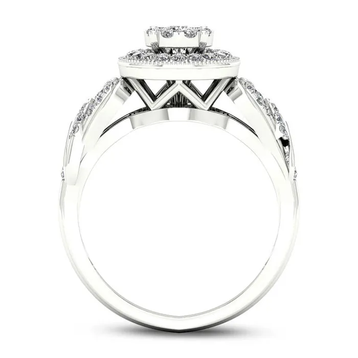 050 CT TW Natural Diamond Double Frame HeartSides Antique VintageStyle Engagement Ring in Solid 14K White Gold Goldia Rings