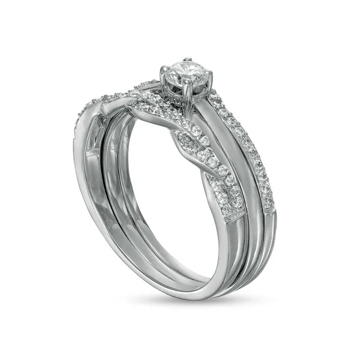 050 CT TW Natural Diamond Twist Three Piece Bridal Engagement Ring Set in Solid 10K White Gold JI3 Goldia Rings