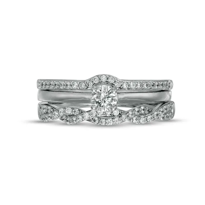 050 CT TW Natural Diamond Twist Three Piece Bridal Engagement Ring Set in Solid 10K White Gold JI3 Goldia Rings