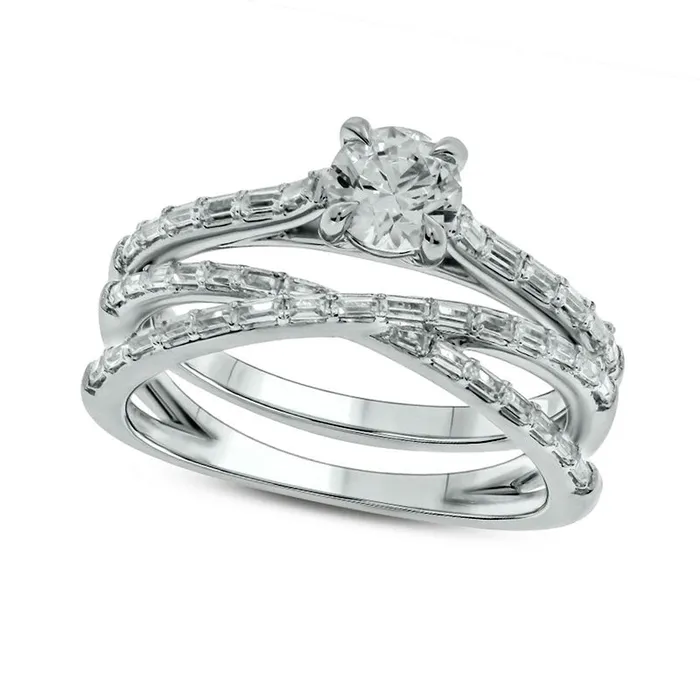 075 CT TW Baguette and Round Natural Diamond Crossover Bridal Engagement Ring Set in Solid 10K White Gold Goldia Rings 075 CT TW Baguette and Round Natural Diamond Crossover Bridal Engagement Ring Set in Solid 10K White Gold Goldia Rings