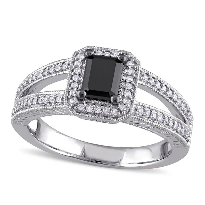 088 CT TW EmeraldCut Enhanced Black and White Natural Diamond Antique VintageStyle Engagement Ring in Solid 10K White Gold Goldia Rings 088 CT TW EmeraldCut Enhanced Black and White Natural Diamond Antique VintageStyle Engagement Ring in Solid 10K White Gold Goldia Rings