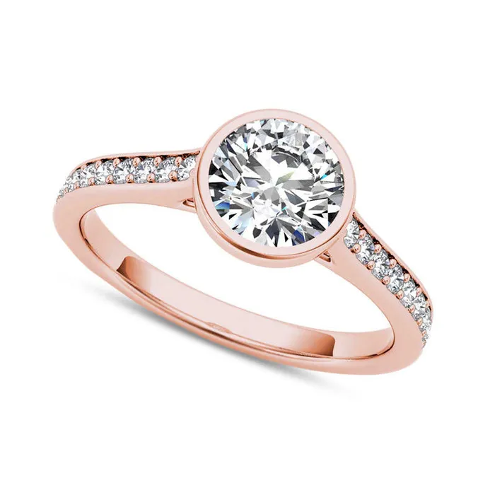 120 CT TW Natural Diamond BezelSet Engagement Ring in Solid 14K Rose Gold Goldia Rings 120 CT TW Natural Diamond BezelSet Engagement Ring in Solid 14K Rose Gold Goldia Rings