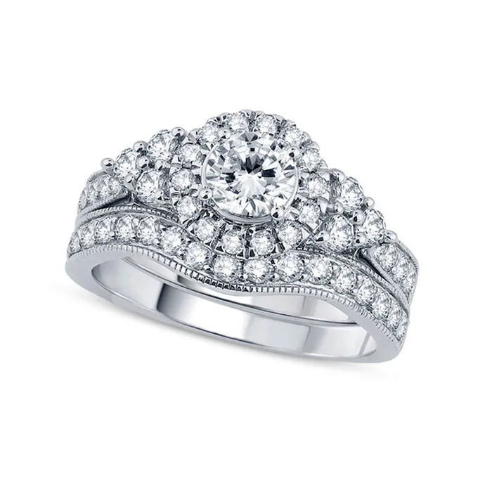 15 CT TW Natural Diamond Frame TriSides Antique VintageStyle Bridal Engagement Ring Set in Solid 14K White Gold Goldia Rings 15 CT TW Natural Diamond Frame TriSides Antique VintageStyle Bridal Engagement Ring Set in Solid 14K White Gold Goldia Rings