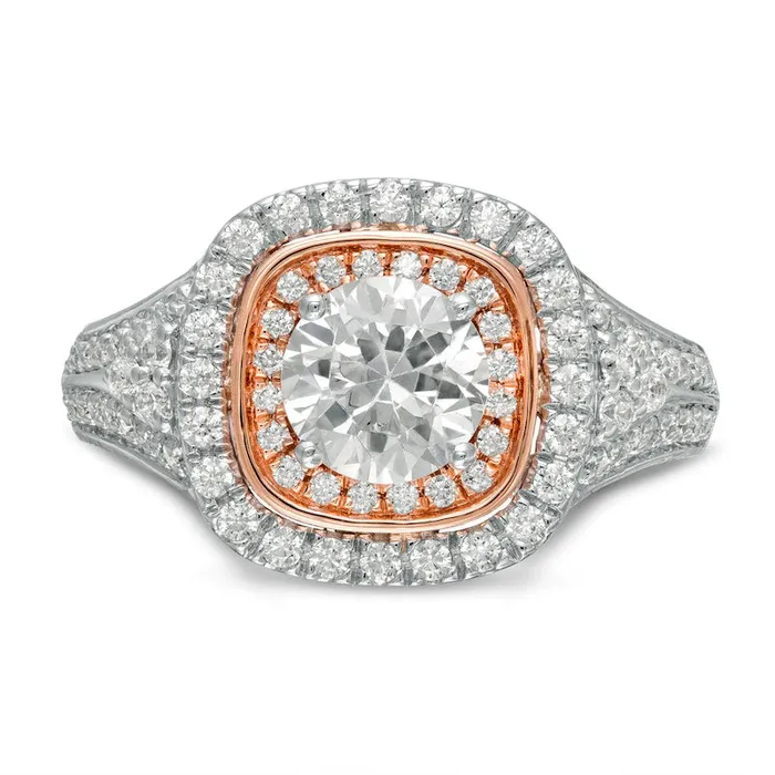 188 CT TW Natural Diamond Double Cushion Frame Engagement Ring in Solid 10K TwoTone Gold Goldia Rings