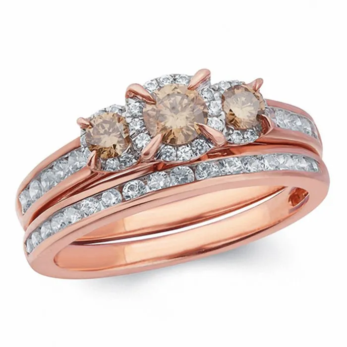 1 CT TW Champagne and White Diamond Frame Three Stone Bridal Engagement Ring Set in 14K Rose Gold Goldiacom Rings 1 CT TW Champagne and White Diamond Frame Three Stone Bridal Engagement Ring Set in 14K Rose Gold Goldiacom Rings