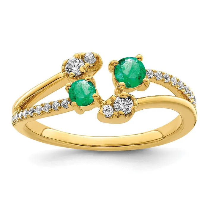 14k Gold Polished Emerald and Real Diamond Bypass Ring Goldia Rings