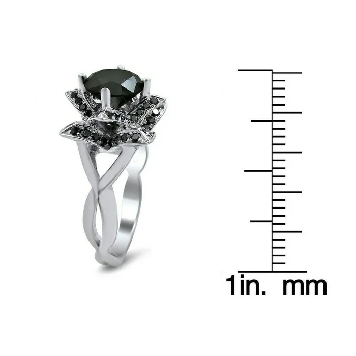 14k White Gold 3ct TDW Black Diamond Lotus Flower Round Engagement Ring Goldiacom Rings