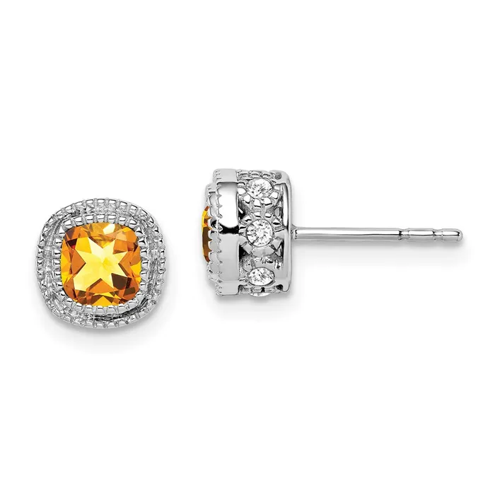 14k White Gold Cushion Citrine and Real Diamond Earrings Goldia Earrings
