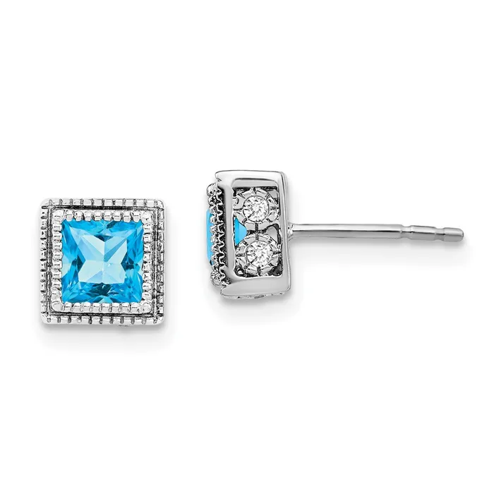 14k White Gold Square Blue Topaz and Real Diamond Earrings Goldia Earrings 14k White Gold Square Blue Topaz and Real Diamond Earrings Goldia Earrings