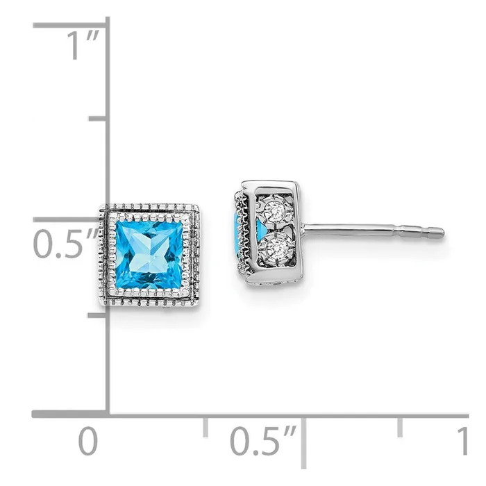 14k White Gold Square Blue Topaz and Real Diamond Earrings Goldia Earrings