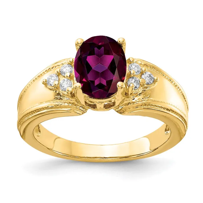 14k Yellow Gold 8x6mm Oval Rhodolite Garnet VS Diamond ring Goldia Rings