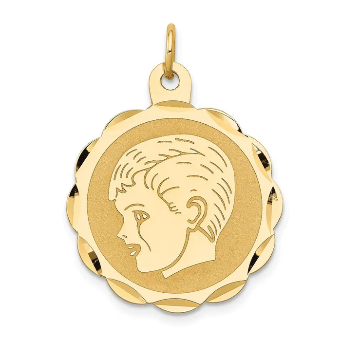 14k Yellow Gold Boy Head on 011 Gauge Engravable Scalloped Disc Charm Goldia Charm Necklaces