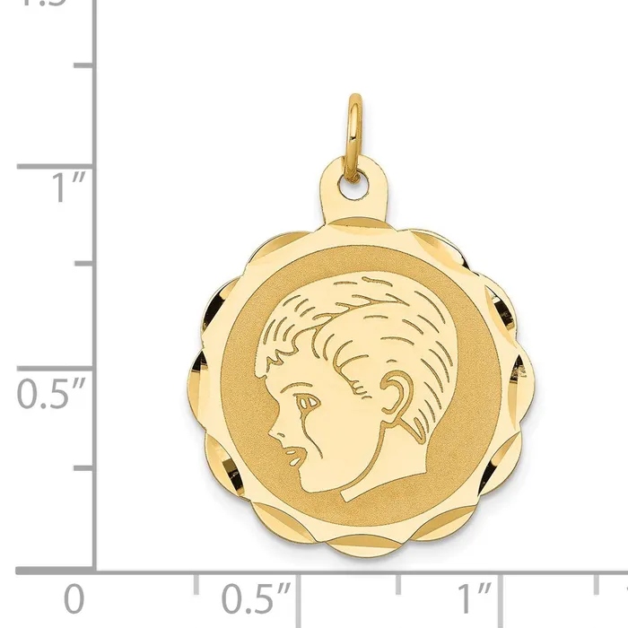 14k Yellow Gold Boy Head on 011 Gauge Engravable Scalloped Disc Charm Goldia Charm Necklaces