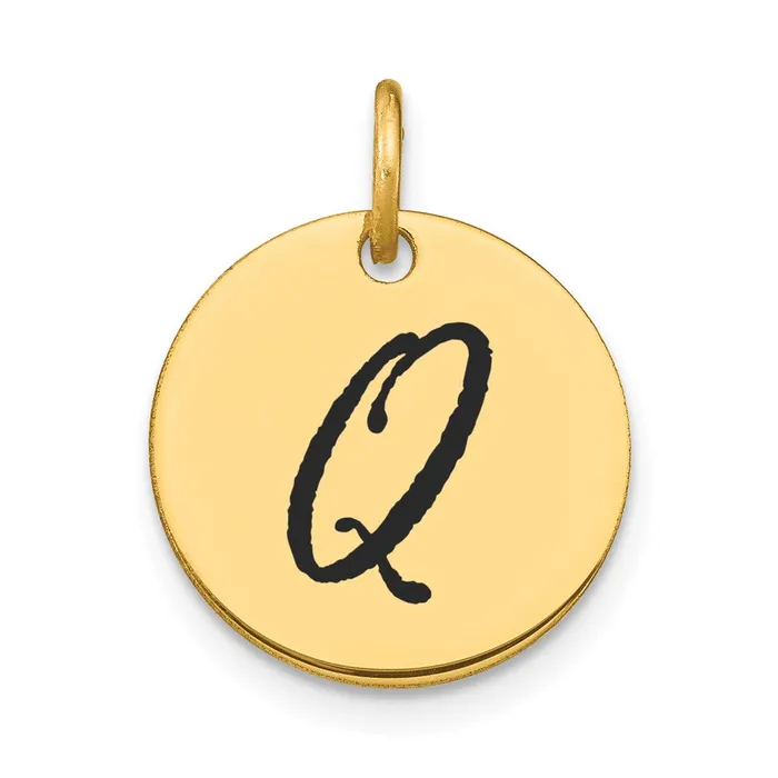 14k Yellow Gold Polished Black Enamel Letter Q Initial Disk Charm Goldia Charm Necklaces