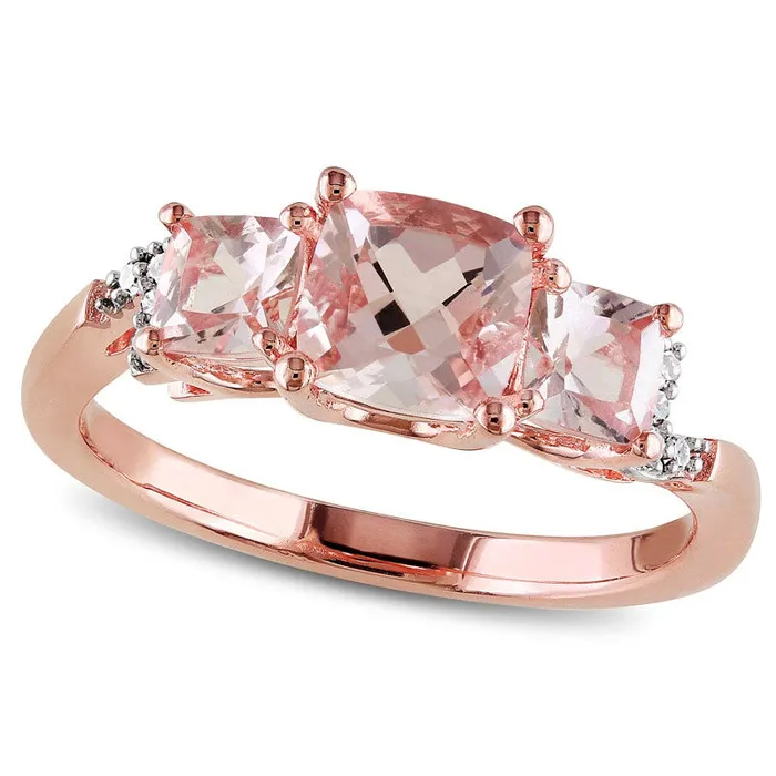 60mm CushionCut Morganite and Natural Diamond Accent Three Stone Ring in Rose Rhodium Sterling Silver Goldia Rings