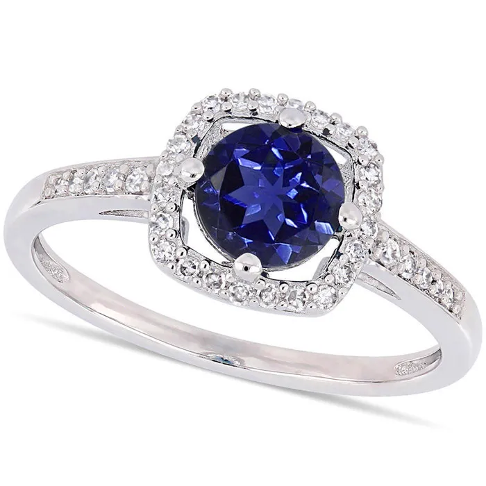 60mm LabCreated Blue Sapphire and 013 CT TW Diamond Cushion Frame Ring in Solid 10K White Gold Goldia Rings 60mm LabCreated Blue Sapphire and 013 CT TW Diamond Cushion Frame Ring in Solid 10K White Gold Goldia Rings
