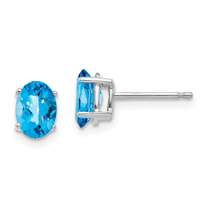 Earrings 14k White Gold 7x5mm Oval Blue Topaz Checker Earrings Goldia