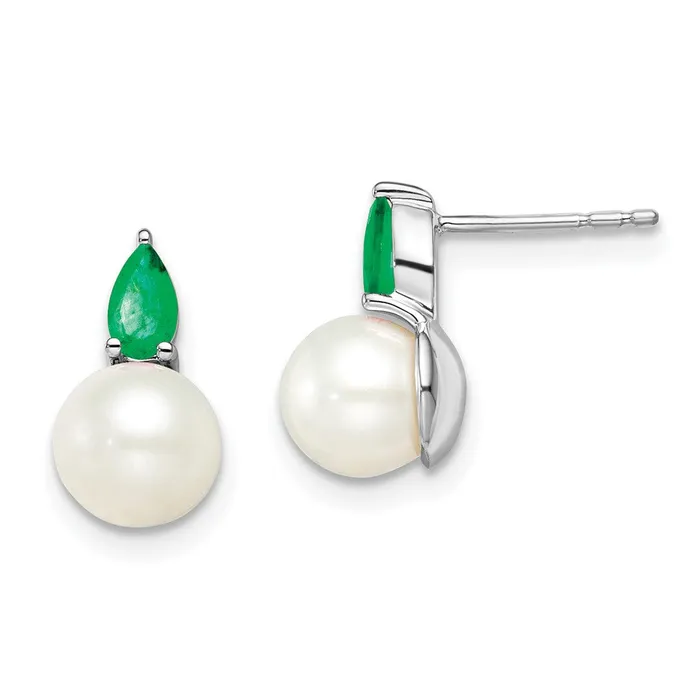 Earrings Goldia 14k White Gold FWC Pearl and Emerald Post Earrings