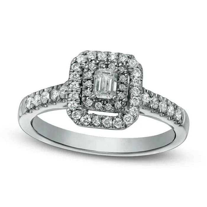 Goldia 050 CT TW EmeraldCut Natural Diamond Double Frame Engagement Ring in Solid 14K White Gold Rings Goldia 050 CT TW EmeraldCut Natural Diamond Double Frame Engagement Ring in Solid 14K White Gold Rings