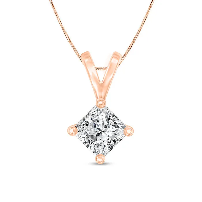 Goldia 1 CT Certified PrincessCut Natural Clarity Enhanced Solitaire Pendant in 14K Rose Gold ISI2 Necklaces Goldia 1 CT Certified PrincessCut Natural Clarity Enhanced Solitaire Pendant in 14K Rose Gold ISI2 Necklaces