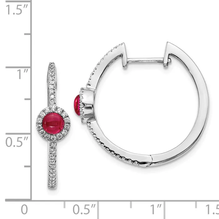 Goldia 14k White Gold Real Diamond and Cabochon Ruby Hoop Earrings Earrings