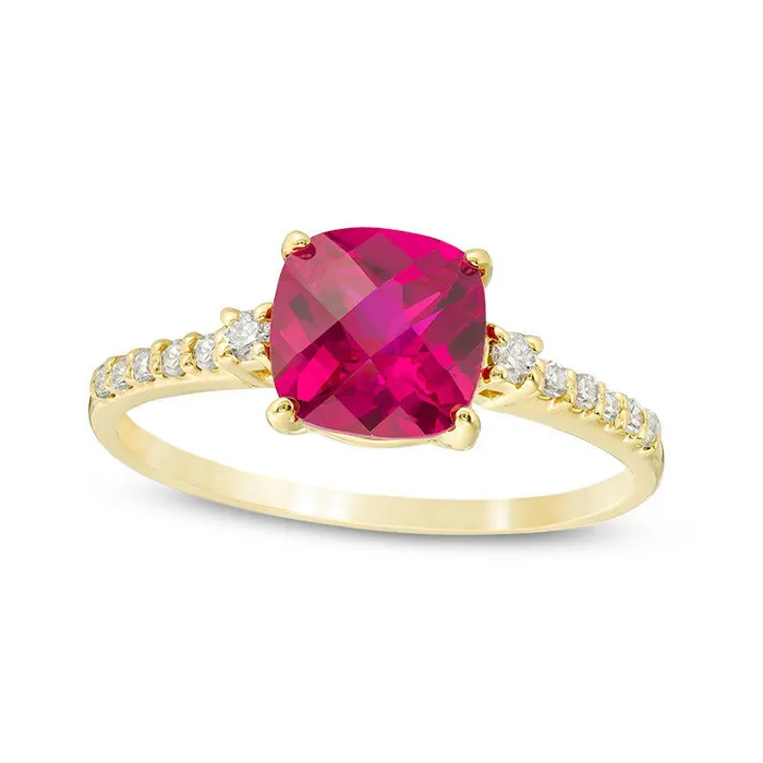 Goldia 70mm CushionCut LabCreated Ruby and 013 CT TW Diamond Engagement Ring in Solid 10K Yellow Gold Rings Goldia 70mm CushionCut LabCreated Ruby and 013 CT TW Diamond Engagement Ring in Solid 10K Yellow Gold Rings