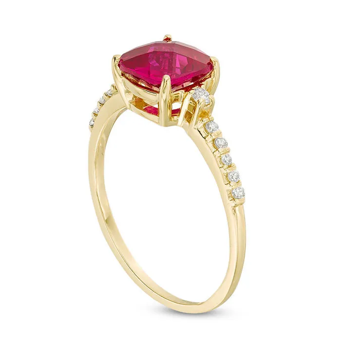 Goldia 70mm CushionCut LabCreated Ruby and 013 CT TW Diamond Engagement Ring in Solid 10K Yellow Gold Rings