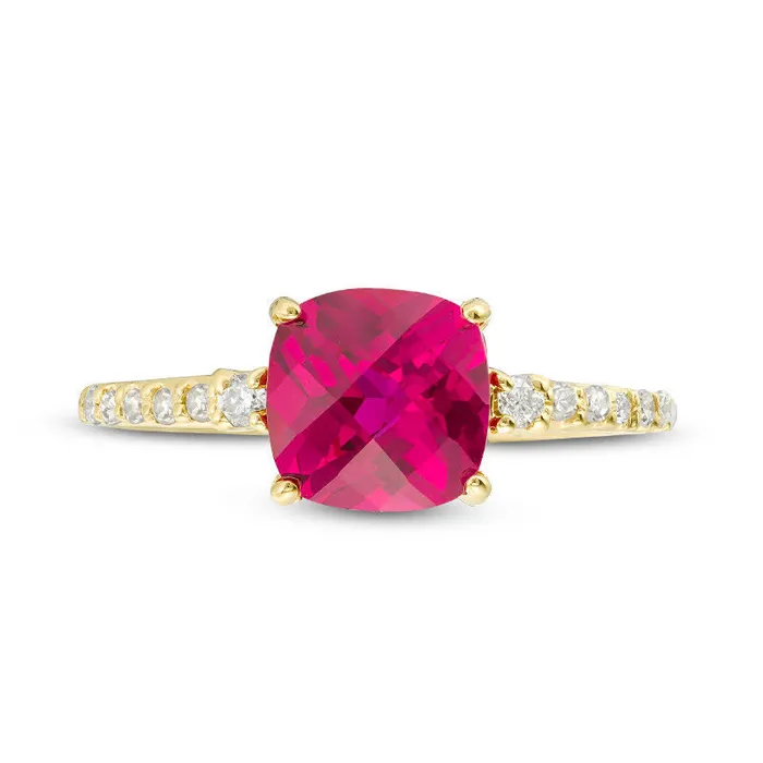 Goldia 70mm CushionCut LabCreated Ruby and 013 CT TW Diamond Engagement Ring in Solid 10K Yellow Gold Rings