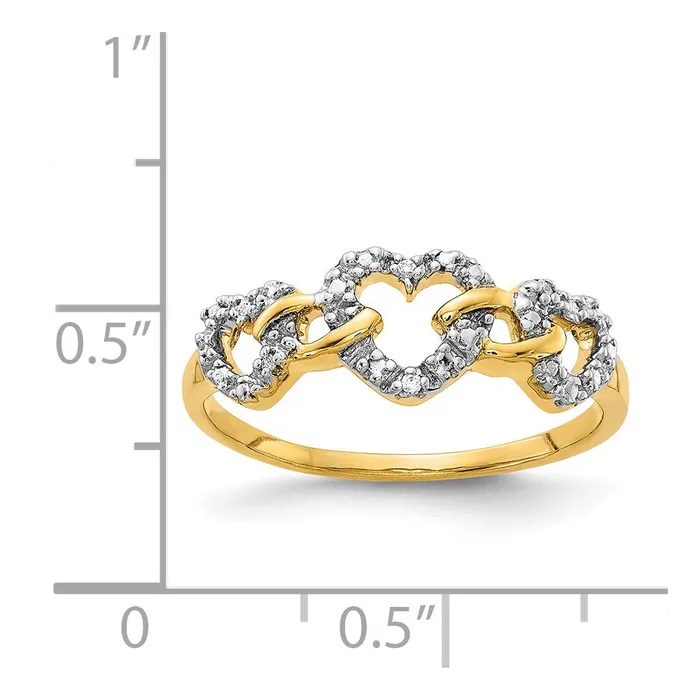 Goldiacom 14K Yellow Gold Real Diamond Triple Heart Ring Rings