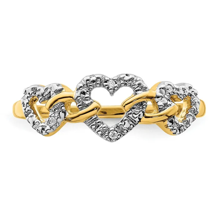 Goldiacom 14K Yellow Gold Real Diamond Triple Heart Ring Rings