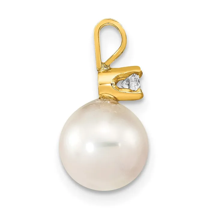 Goldiacom Necklaces 14k 8 9mm Round White Saltwater Akoya Cultured Pearl Diamond Pendant